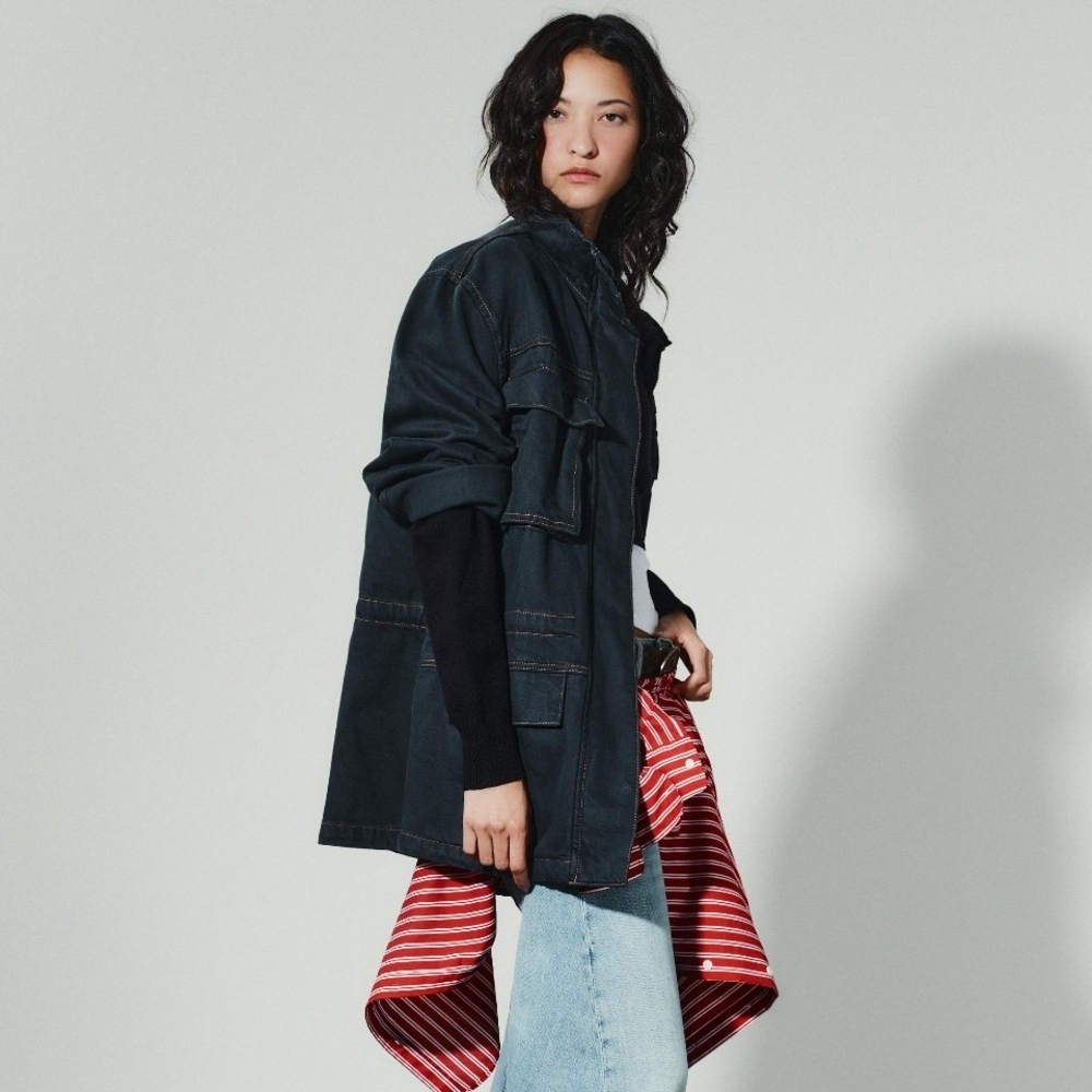 NWT Zara Topstitching Oversized Collared Pocket Denim Jacket In Navy - M